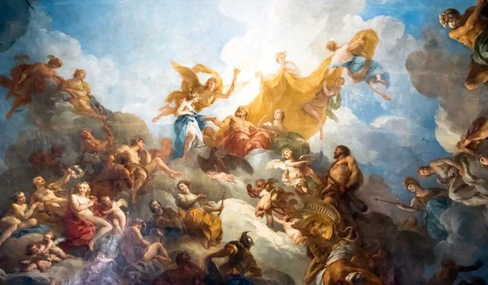 A luminous classical ceiling fresco filled with figures and movement.